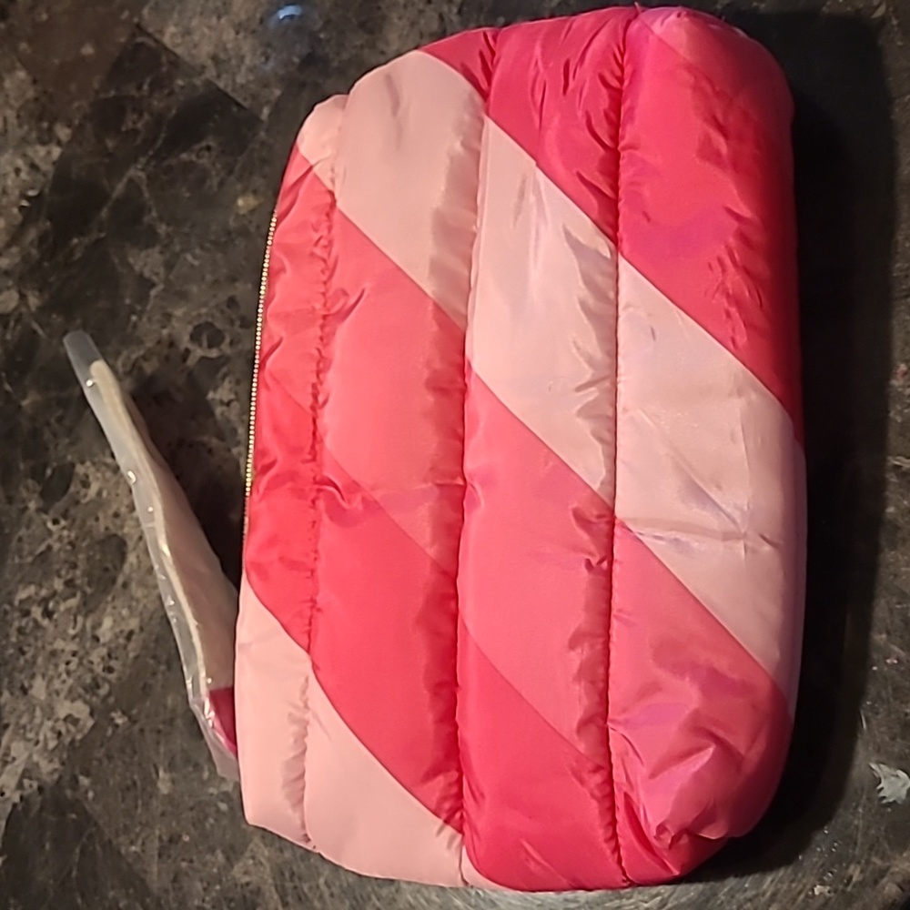 Estee Lauder pink puffy stripes zippered cosmetic mini makeup travel bag